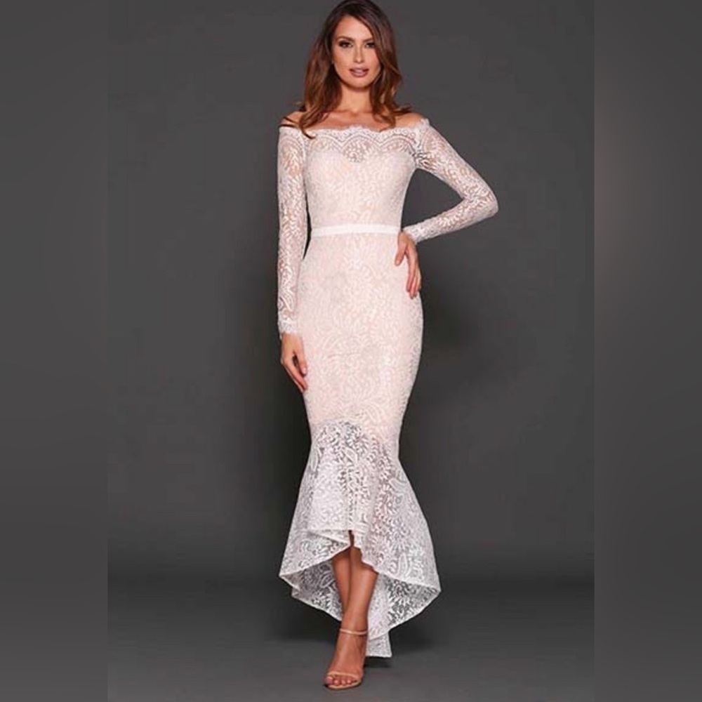 ELLE ZEITOUNE Luxe Long Fitted Sleeve Off the Shoulder Bodycon Mermaid Dress